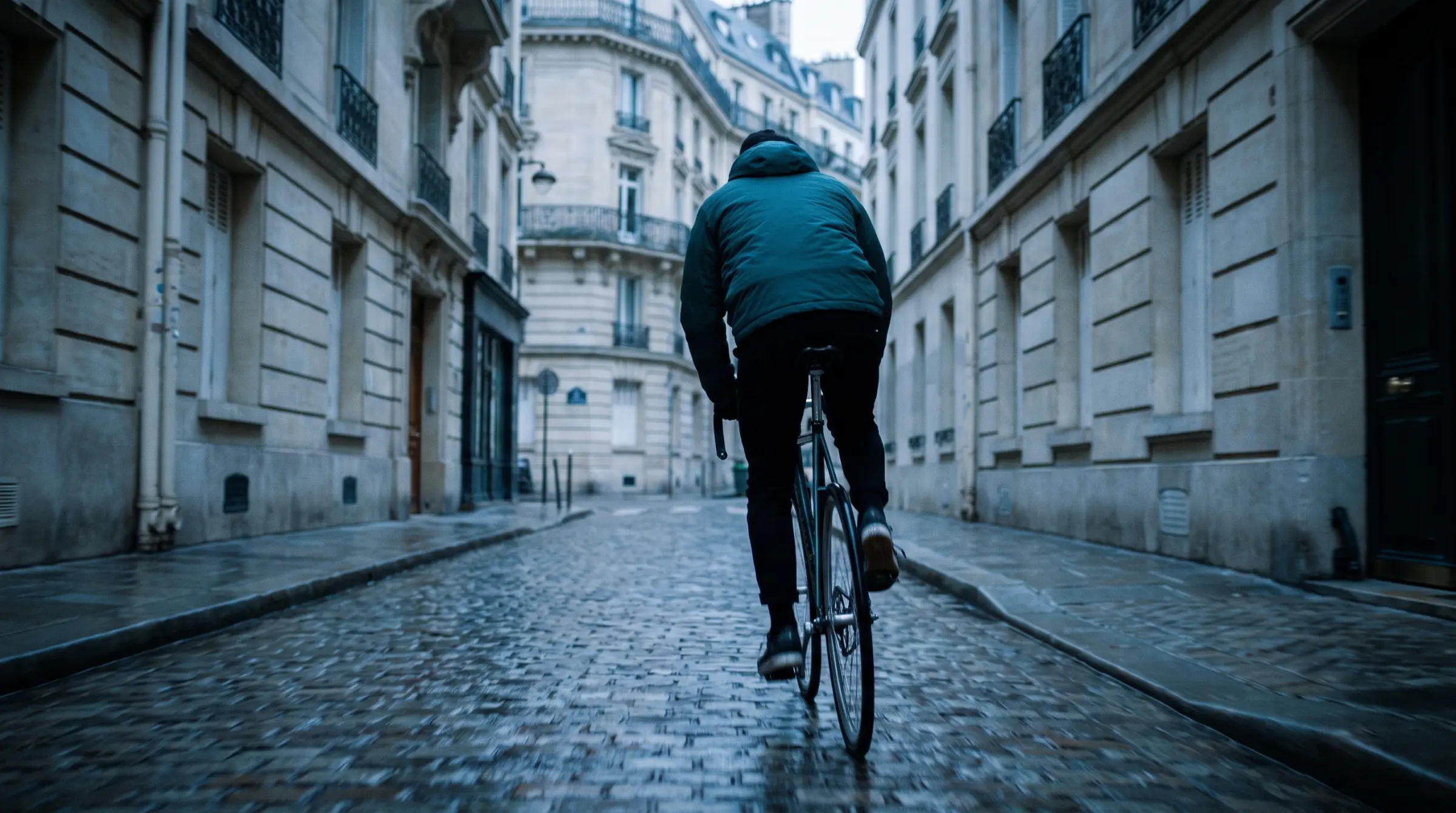 Un coursier à vélo dans une rue pavée de Paris à l'aube